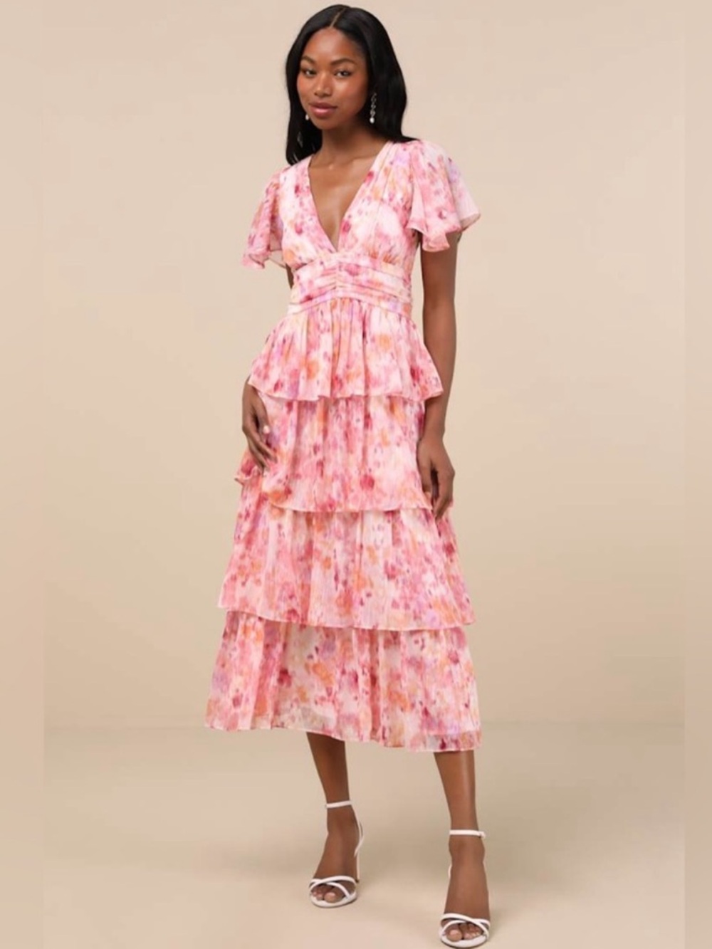 Lulu's Pink Watercolor Tiered Midi Dress